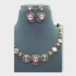 Pink Meenakari Polki Bridal Necklace Set - Image 3