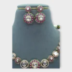 Pink Meenakari Polki Bridal Necklace Set - Image 4