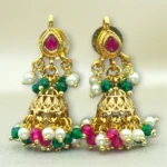 Pearl Beaded Long Gold Jhumka Set - Image 2