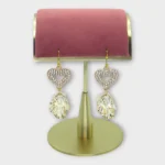 Gold Heart Pave Crystal and White Leaf Tassel Earrings