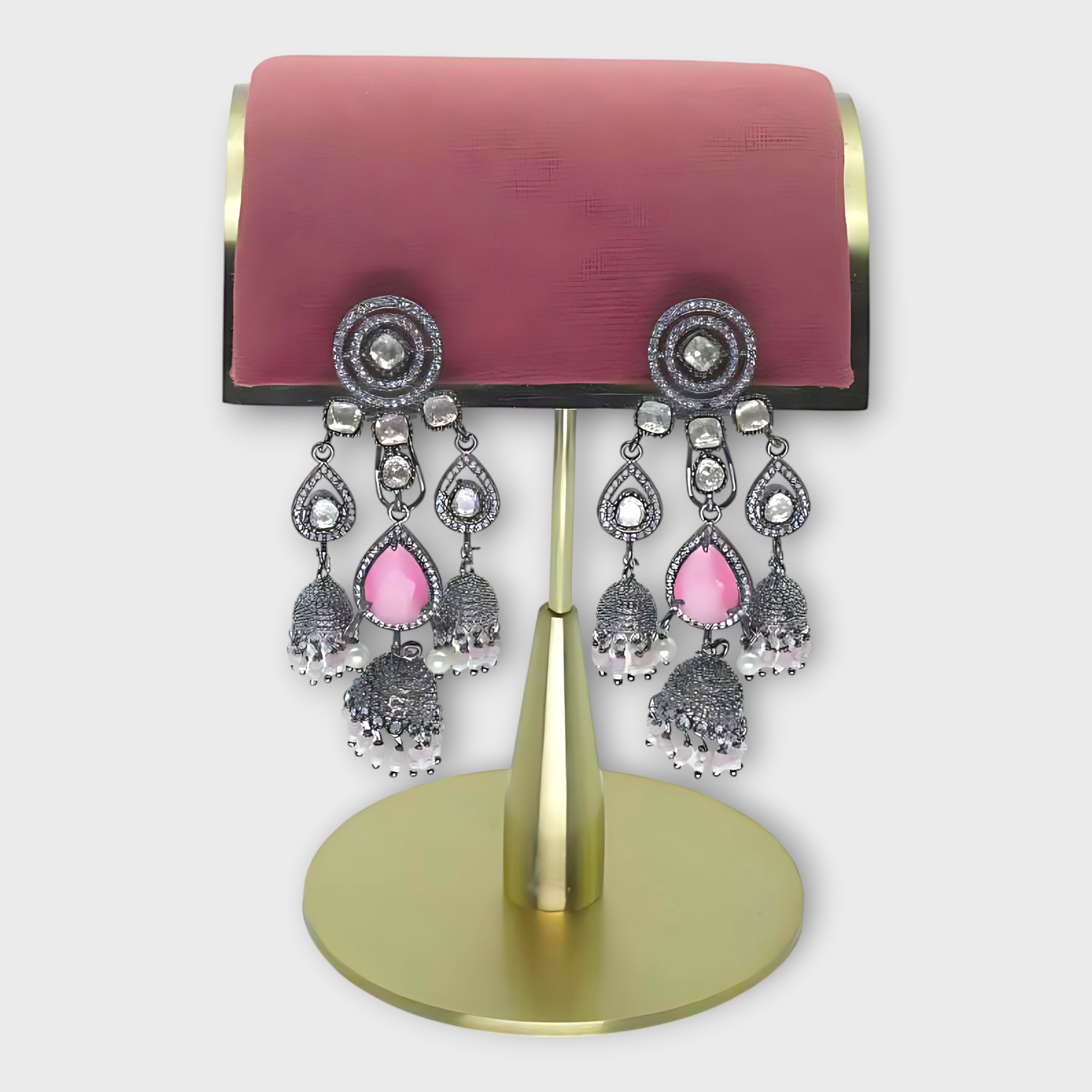 DSC00696_PhotoGrid Pink Stone Chandelier Jhumka Earrings - Image 1