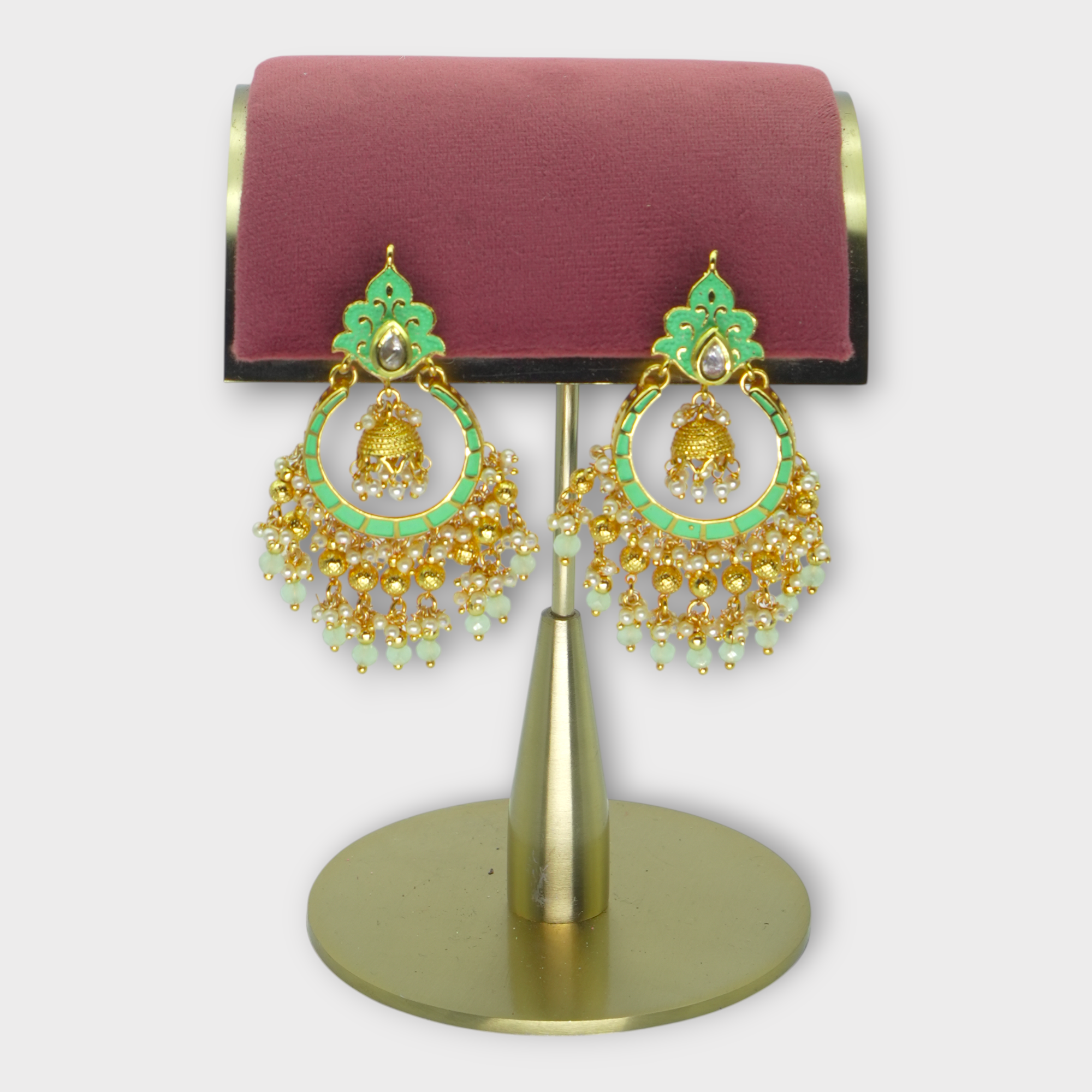 DSC00779 Mint Green Enamel Chandbali Drop Earrings with Jhumka - Image 1