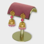 Pink Stone Gold Jhumka Earrings - Image 2