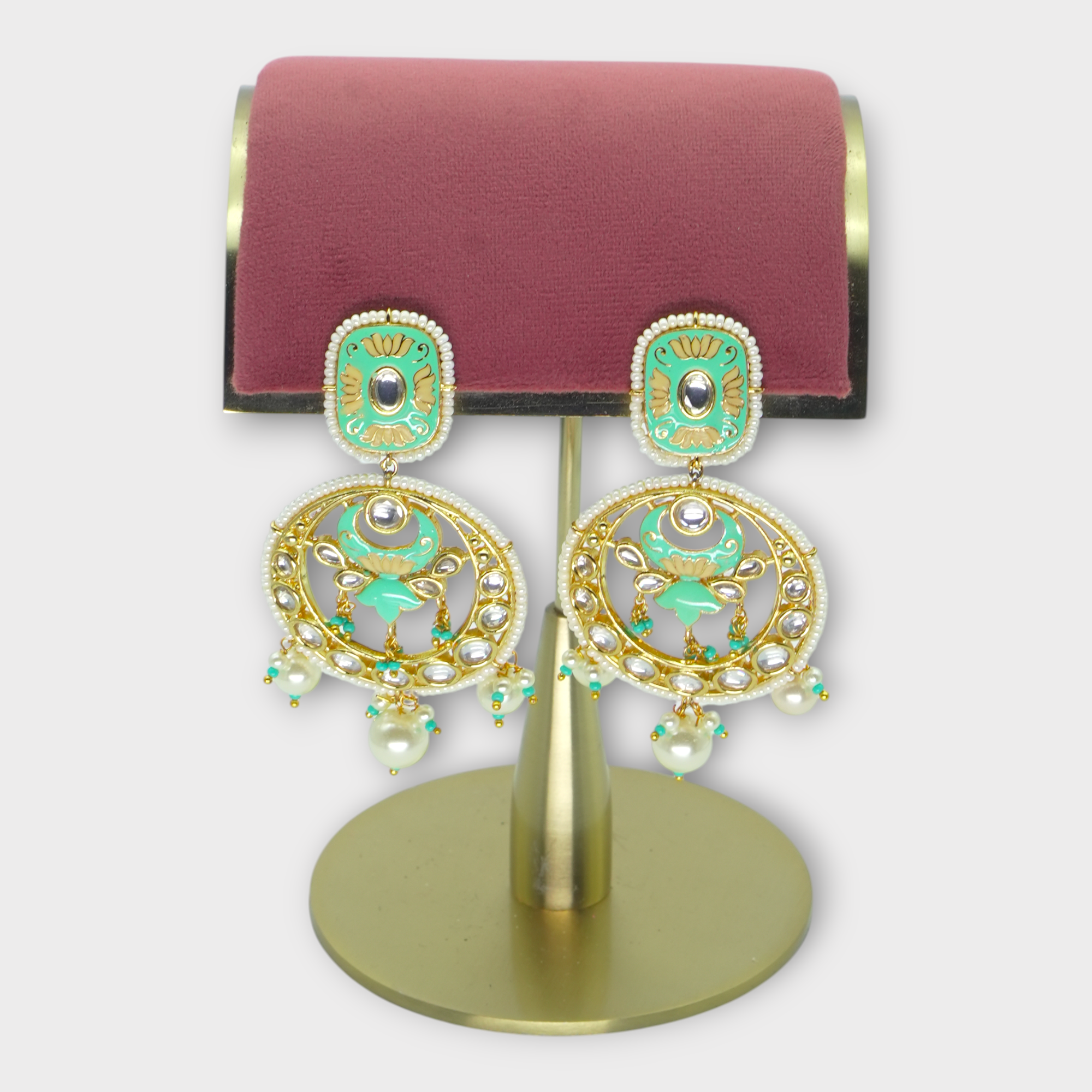 DSC00899 Mint Meenakari Gold Chandbali Earrings - Image 1