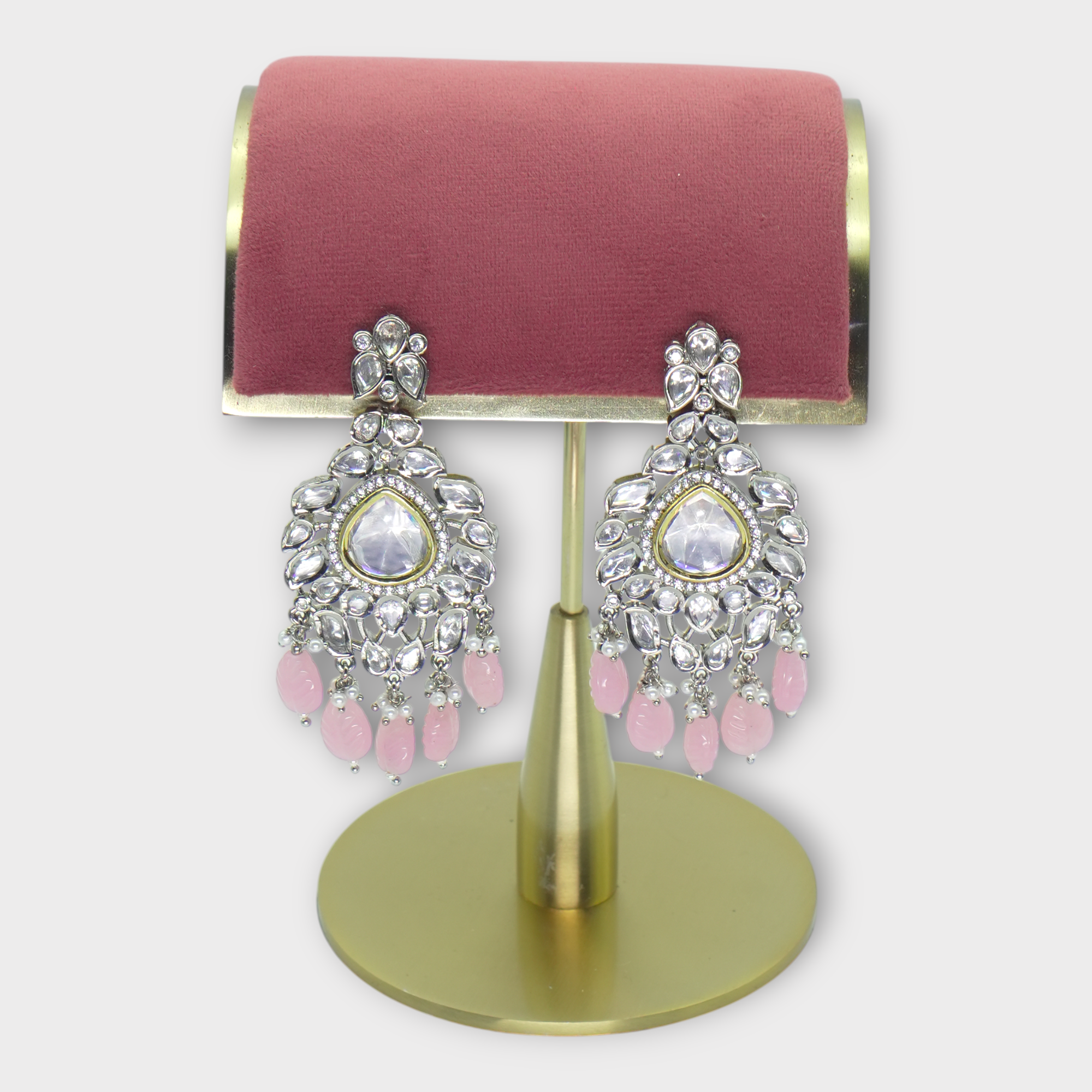 DSC01041 Kundan Rose Quartz Statement Festive Earrings - Image 1