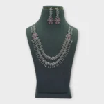 Pink Floral AD Silver Necklace Set - Image 5