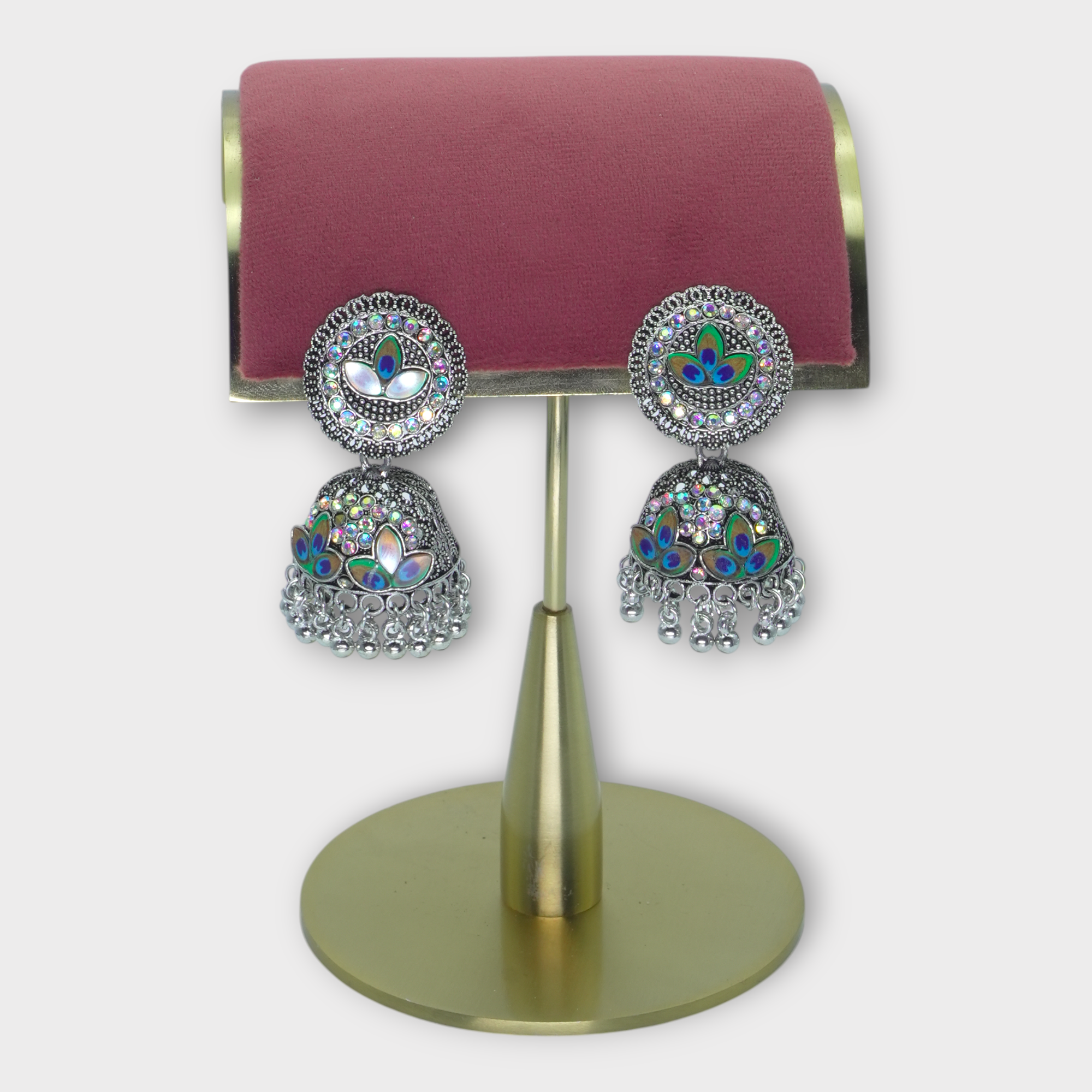 DSC09829 Oxidised Peacock Jhumka Earrings with Iridescent Crystals - Image 1