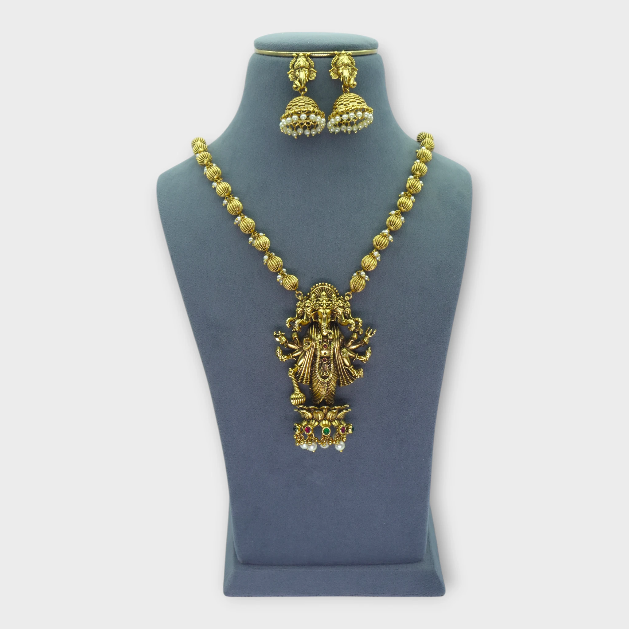 DSC00050 Temple Ganesha Gold Matte Necklace Set - Image 1