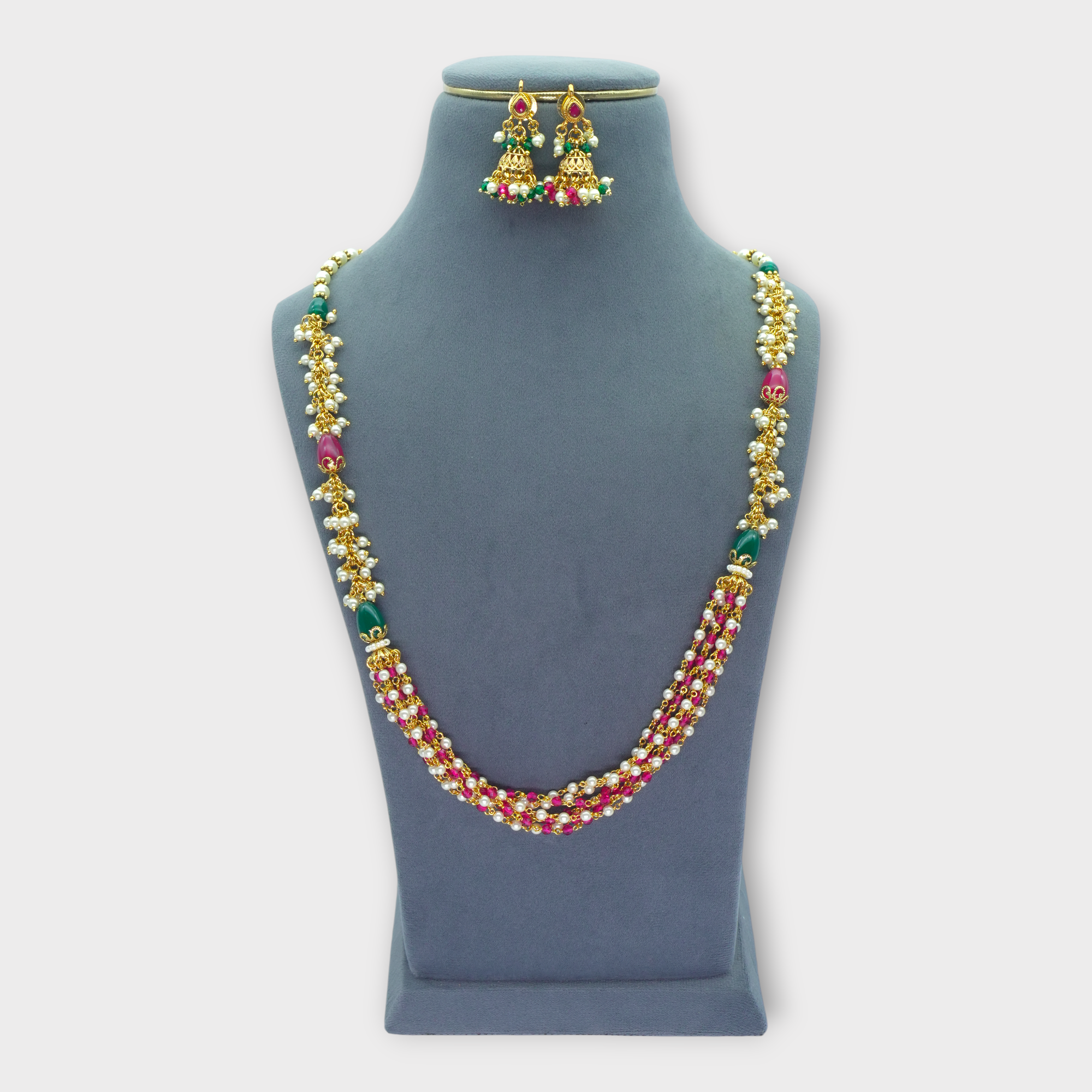 DSC00110 Pearl Beaded Long Gold Jhumka Set - Image 1