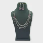 Pink Floral AD Silver Necklace Set