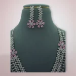 Pink Floral AD Silver Necklace Set - Image 3