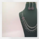 Pink Floral AD Silver Necklace Set - Image 2