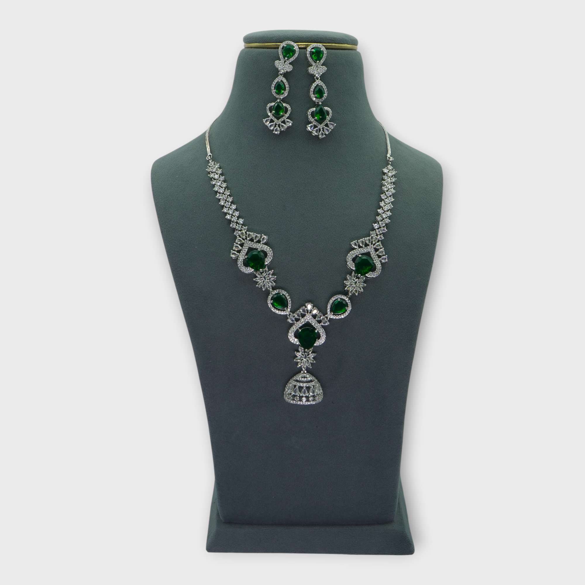 DSC01868 Green Stone Silver Bridal Drop Set - Image 1