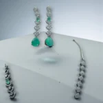 Mint Green Peacock AD Silver Necklace - Image 3
