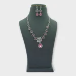 Pink Teardrop Silver Floral Necklace Set