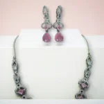 Pink Teardrop Silver Floral Necklace Set - Image 2