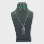 Emerald Pink Silver Tassel Necklace Set