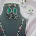 Emerald Pink Silver Tassel Necklace Set - Image 3