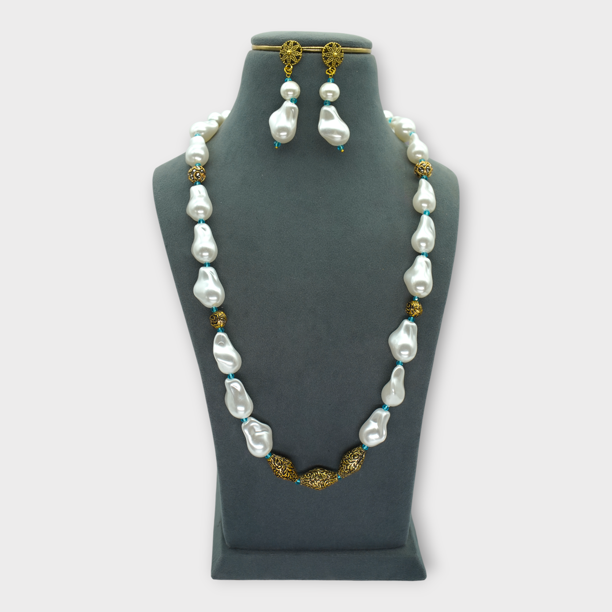 DSC09154 Baroque Pearl Turquoise Filigree Necklace - Image 1