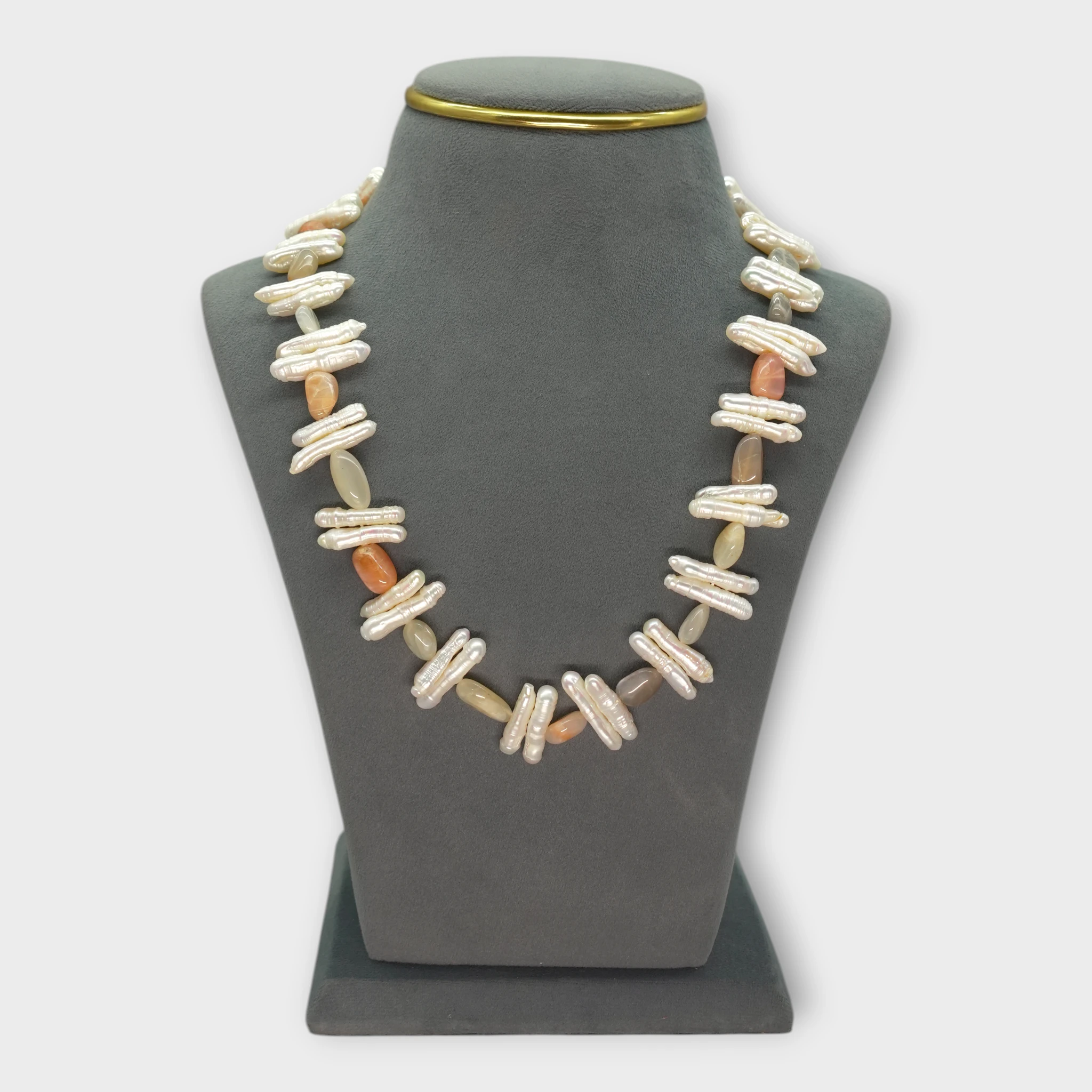 DSC09306 Natural Sunstone Baroque Pearl Gold Necklace - Image 1