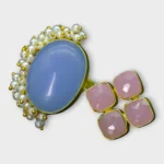 STONIRA adjustable statement ring featuring a large Blue Chalcedony gemstone, Rose Quartz accents, pearl detailing.