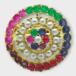 STONIRA adjustable gold cocktail ring featuring a concentric circular design of multi-colored gemstones and a white pearl halo
