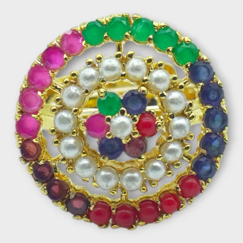 STONIRA adjustable gold cocktail ring featuring a concentric circular design of multi-colored gemstones and a white pearl halo