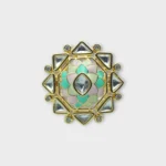 Overview of STONIRA adjustable gold statement ring featuring a hand-enameled pastel lotus blossom surrounded by a geometric starburst of clear crystals