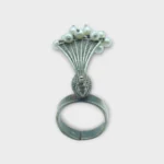 STONIRA adjustable statement ring featuring an oxidised silver peacock with a fan-shaped tail crowned in white pearls in detail
