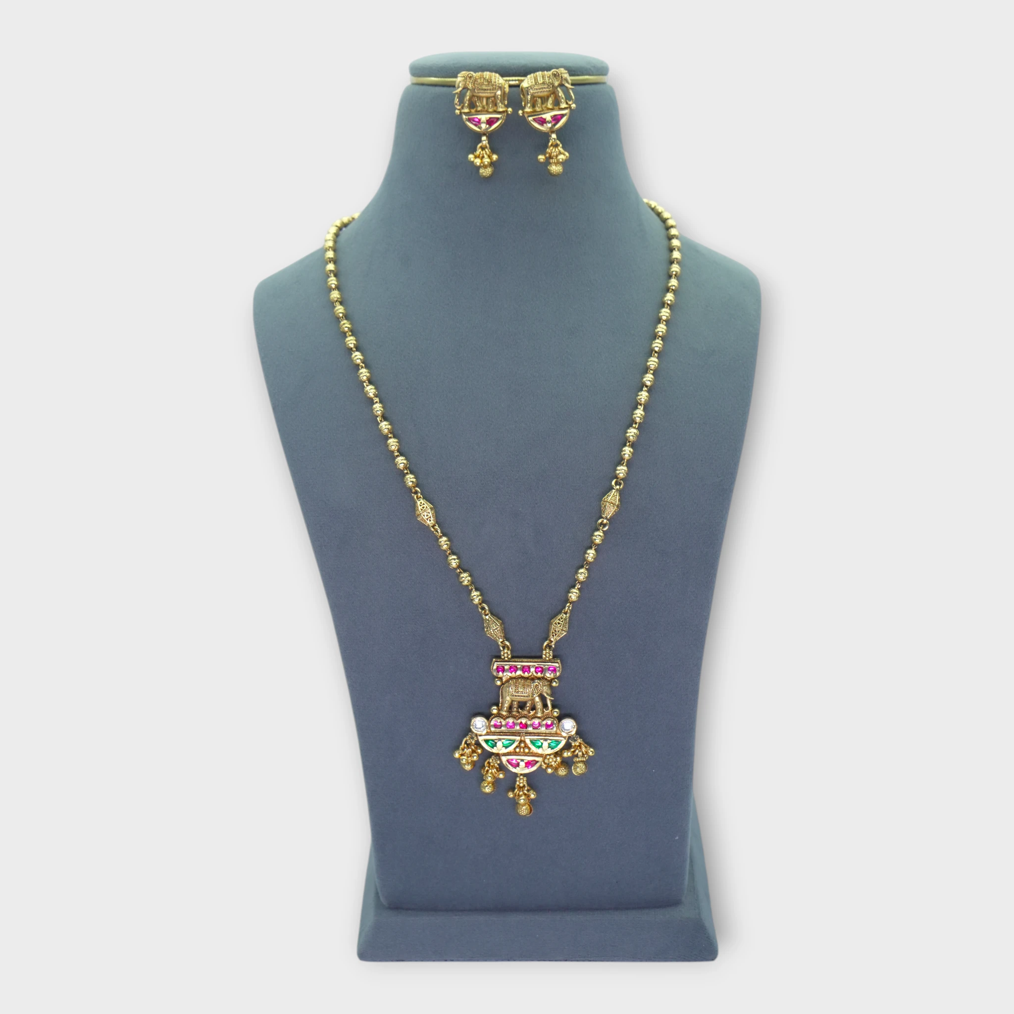 DSC09931 Temple Elephant Gold Pendant Necklace Set - Image 1