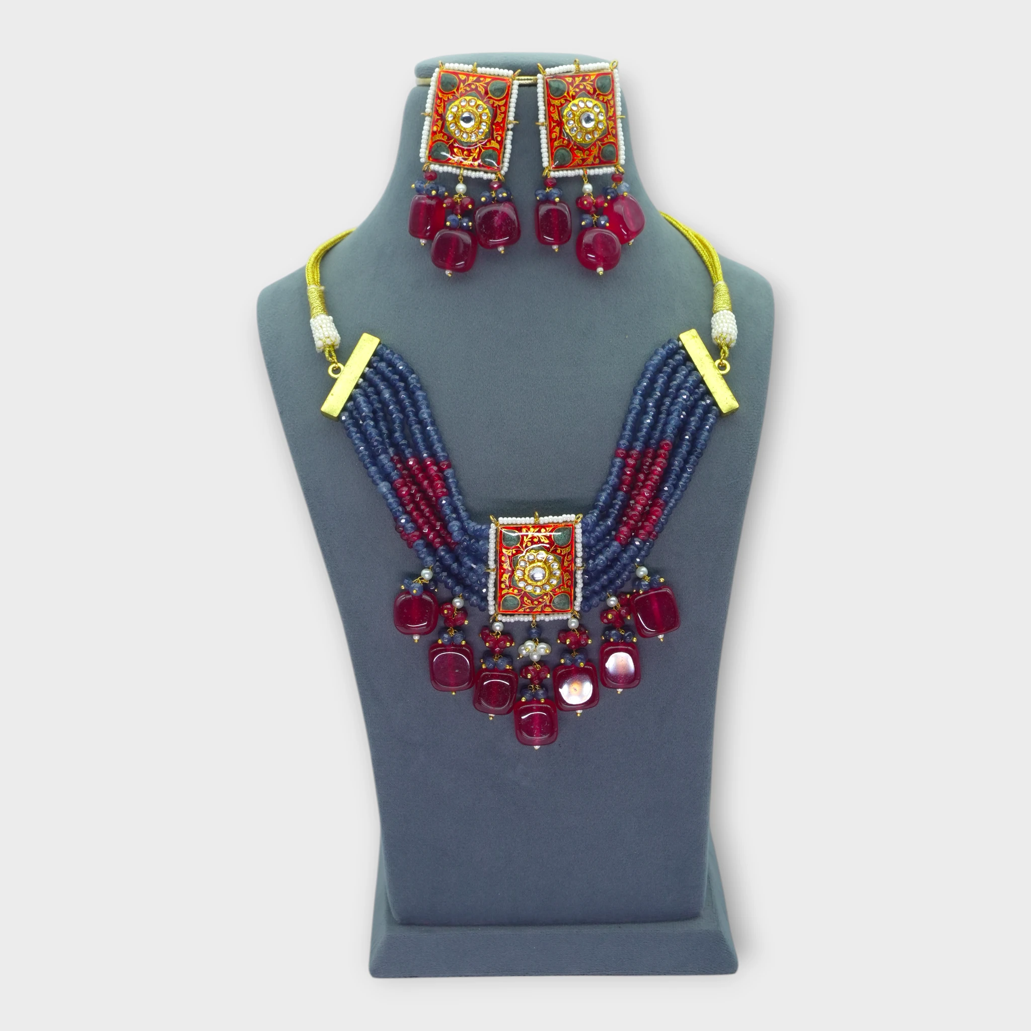 DSC09961 Ruby Blue Bead Meenakari Necklace Set - Image 1