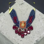 Ruby Blue Bead Meenakari Necklace Set - Image 3