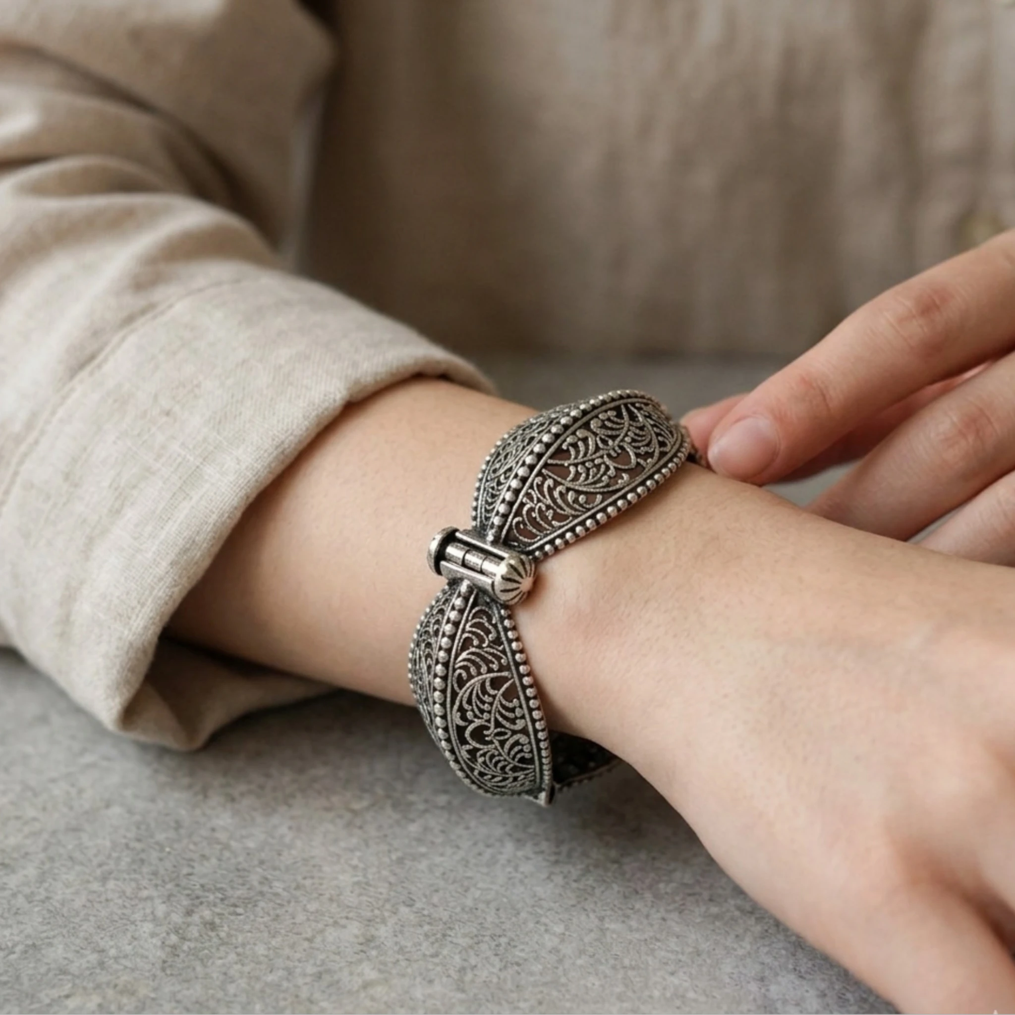Gemini_Generated_Image_9gy7yh9gy7yh9gy7 Oxidized Silver Filigree Festive Kada - Image 1