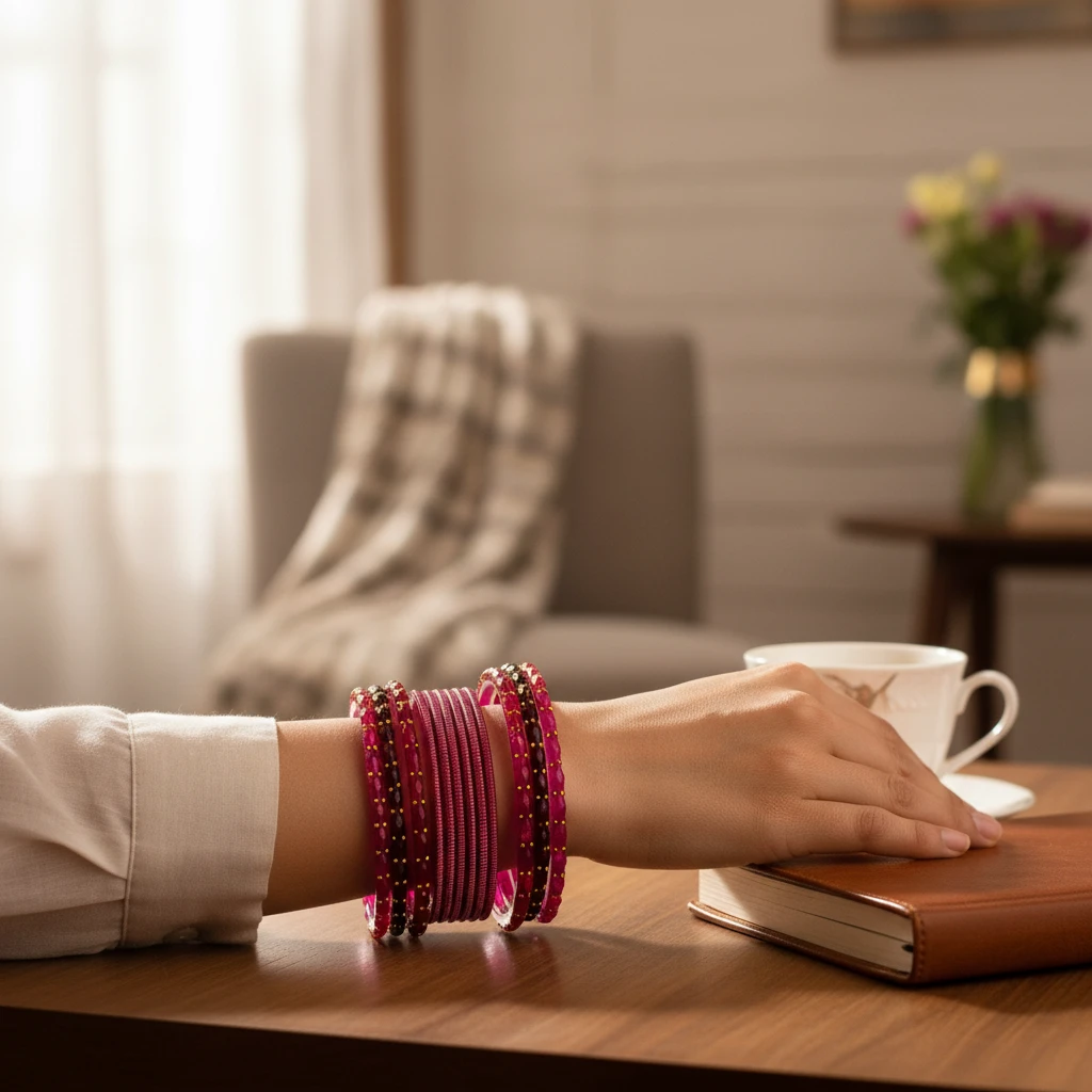 IMG_9443 (Product Staging) Magenta Glass Metal Bangle Set - Image 1