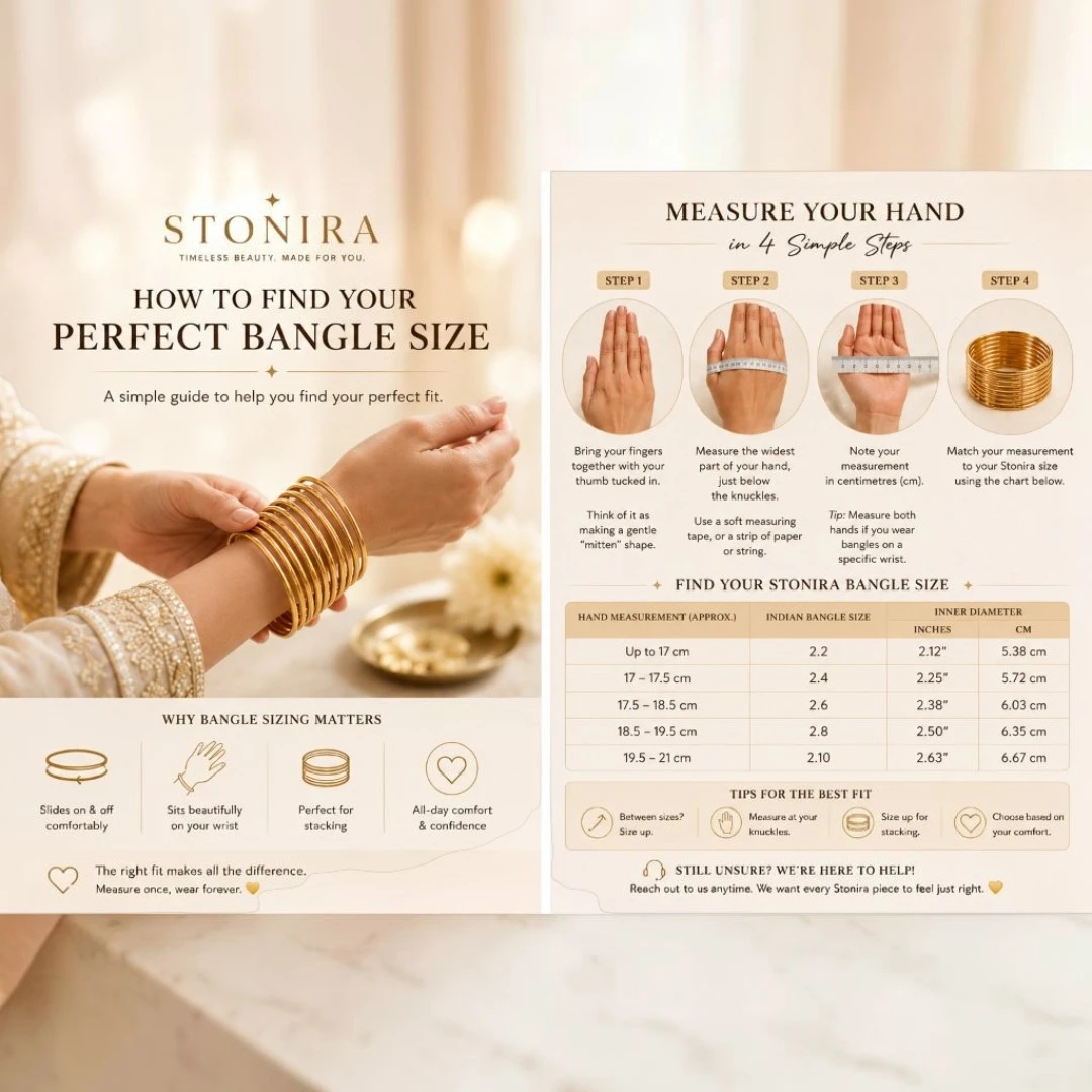 Indian bangle size guide chart showing sizes 2.2 to 2.10