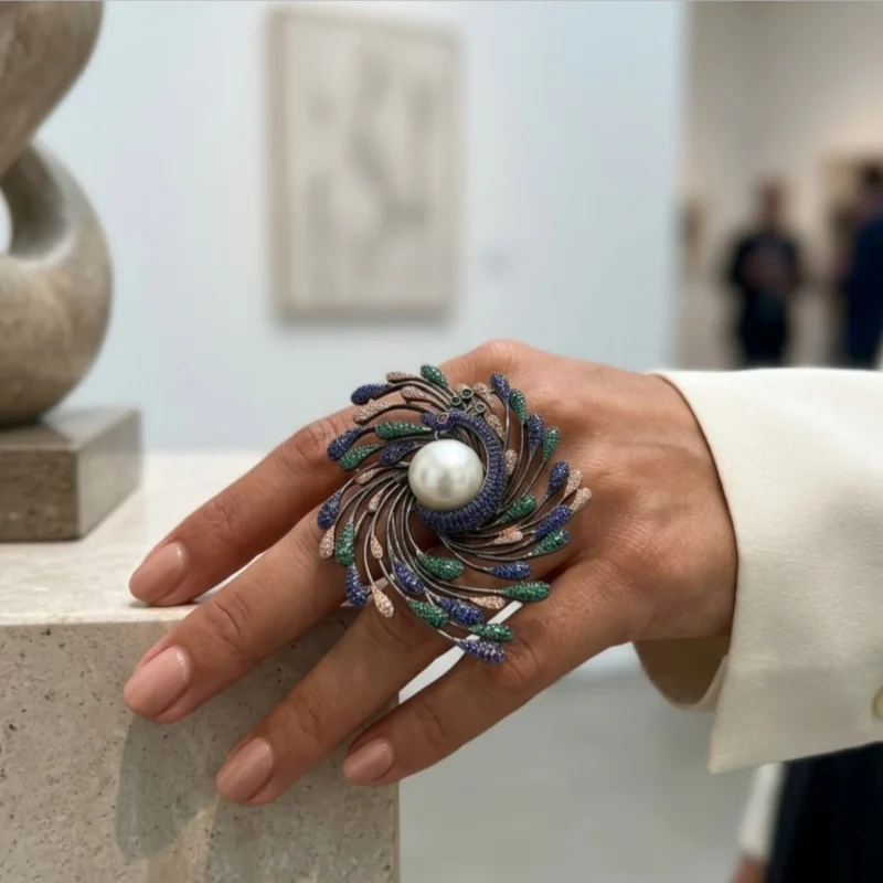 Artisan STONIRA peacock cocktail ring featuring an oversized central pearl and micro-paved colorful crystals