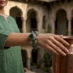 Stonira oxidised peacock statement kada emerald green stone front view