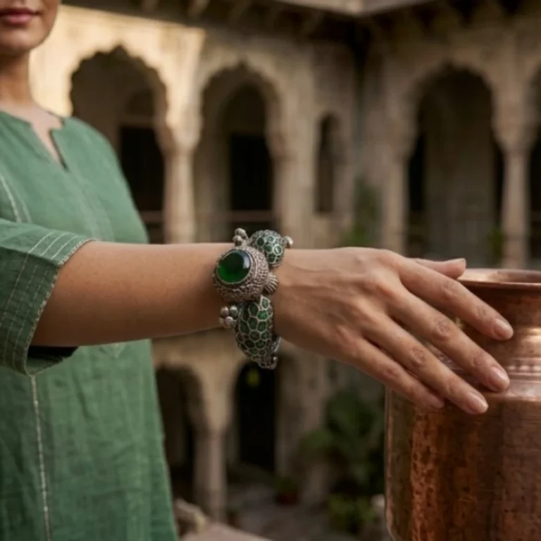 Stonira oxidised peacock statement kada emerald green stone front view