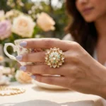 Women wearing STONIRA adjustable gold statement ring featuring a hand-enameled pastel lotus blossom surrounded by a geometric starburst of clear crystals