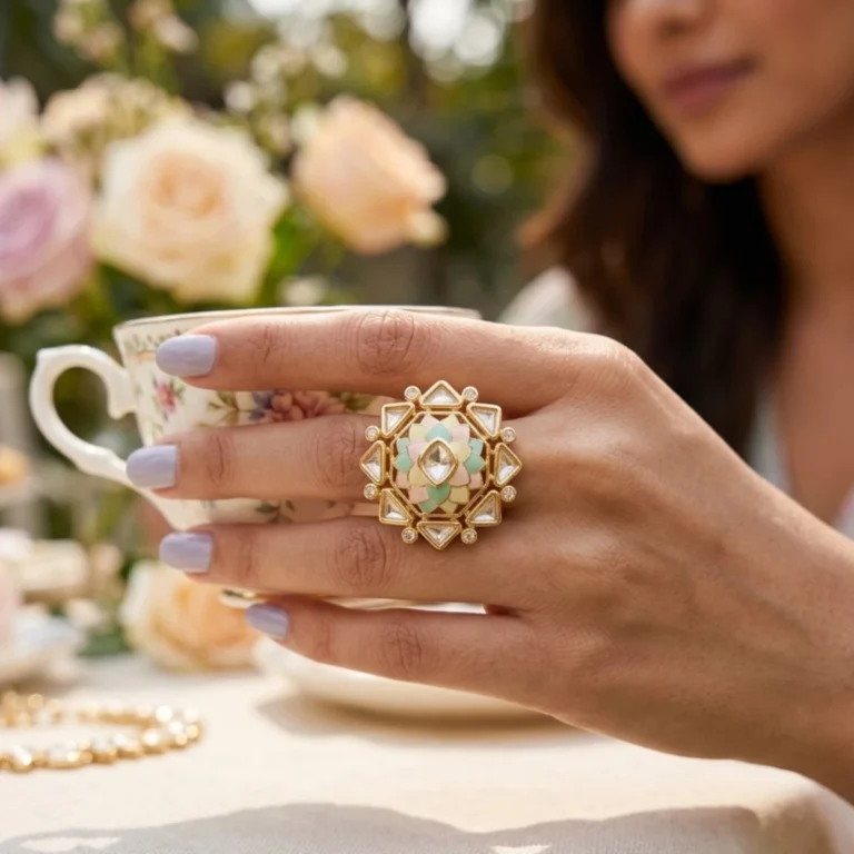 Women wearing STONIRA adjustable gold statement ring featuring a hand-enameled pastel lotus blossom surrounded by a geometric starburst of clear crystals
