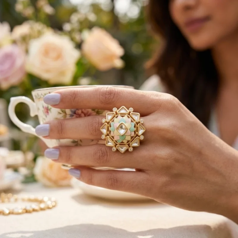 Women wearing STONIRA adjustable gold statement ring featuring a hand-enameled pastel lotus blossom surrounded by a geometric starburst of clear crystals