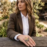 Women wearing STONIRA adjustable mixed-metal cocktail ring featuring oxidized silver elephants, a golden archway, and sapphire crystal accents