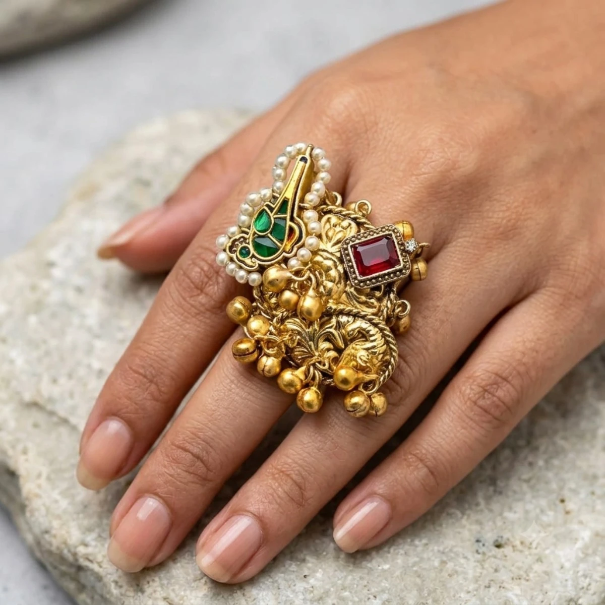 Gemini_Generated_Image_ofuw76ofuw76ofuw Women wearing STONIRA adjustable gold temple charm ring featuring red gemstone, pearl accents, intricate heritage motifs and ghungroo detailing for festive and wedding wear.