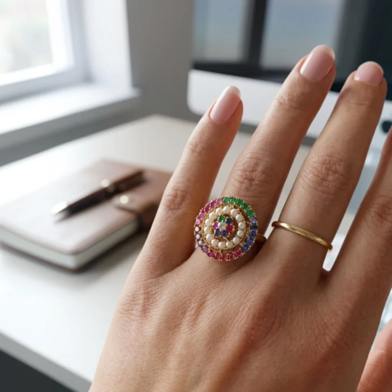 Women wearing STONIRA adjustable gold cocktail ring featuring a concentric circular design of multi-colored gemstones and a white pearl halo