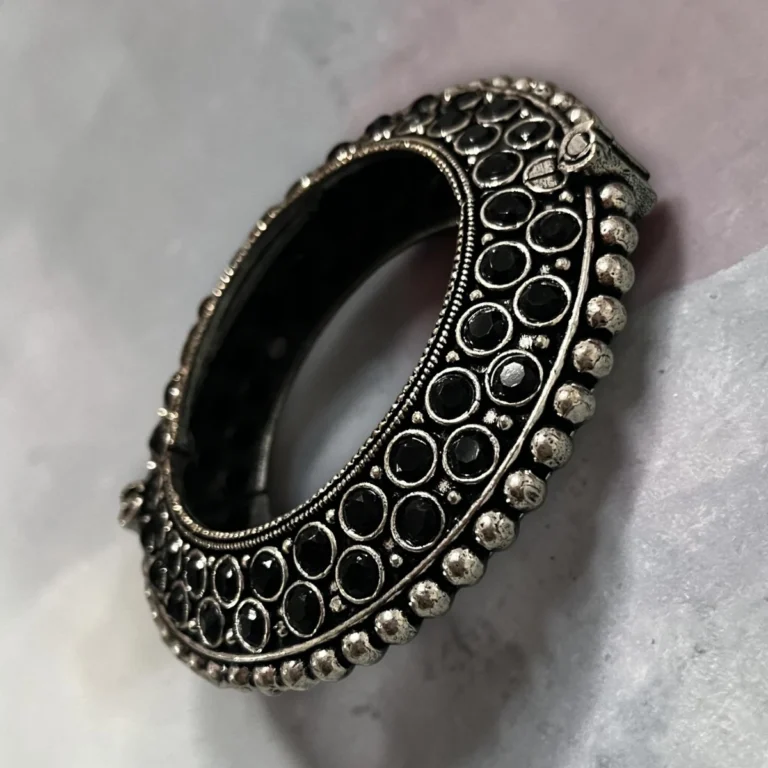 STONIRA oxidised silver antique statement kada bangle with midnight black stones side view