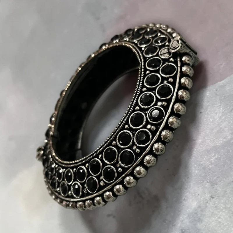 STONIRA oxidised silver antique statement kada bangle with midnight black stones side view