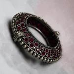 STONIRA antique oxidised silver statement kada bangle with ruby red stones with clasp