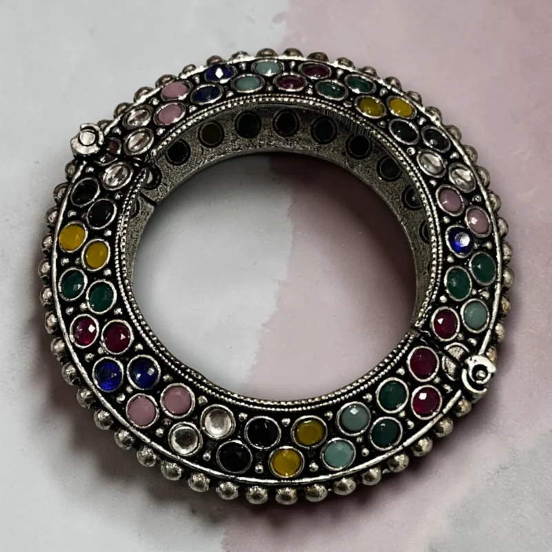 STONIRA vintage oxidised silver statement kada bangle with vibrant multi color gemstone inlays overview