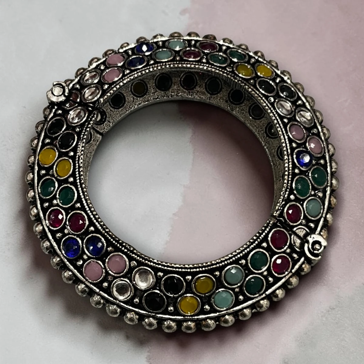 IMG_9657 STONIRA vintage oxidised silver statement kada bangle with vibrant multi color gemstone inlays overview
