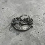Back side of STONIRA adjustable mixed-metal cocktail ring featuring oxidized silver elephants, a golden archway, and sapphire crystal accents